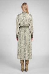 Snakeskin Printed Pleated Shirt Midi Dress
