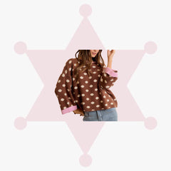 Contrast Neck and Roll Up Detail Polka Dot Sweater
