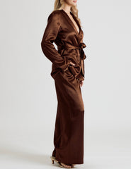 Belted Satin Jacket and Wide-Leg Pants Set
