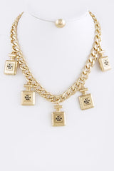 GOLD PERFUME BOTTLE CHARM NECKLACE SET