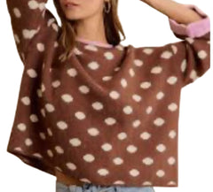 Contrast Neck and Roll Up Detail Polka Dot Sweater