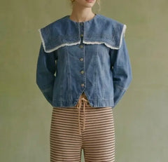 Lace Trim Sailor Collar Denim Jacket
