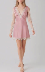 Satin Slip Mini Dress with Lace Trim and Long Sleeves