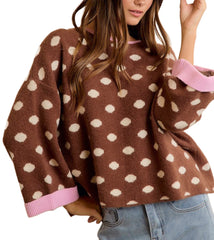 Contrast Neck and Roll Up Detail Polka Dot Sweater
