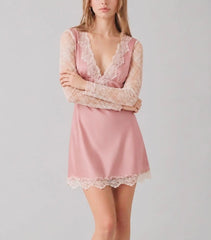 Satin Slip Mini Dress with Lace Trim and Long Sleeves