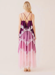 Strappy Tiered Layers Ombre Mutlicolor Lace Trim Dress